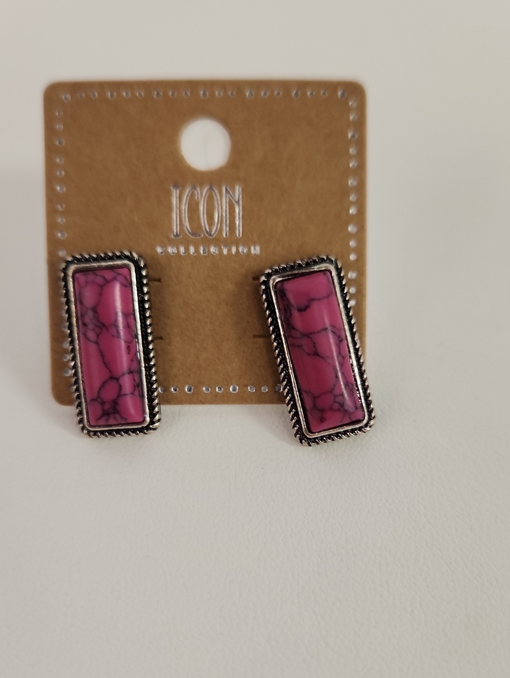 ICON Hot Pink Rectangular Stone Stud Earrings with Antique Silver Trim